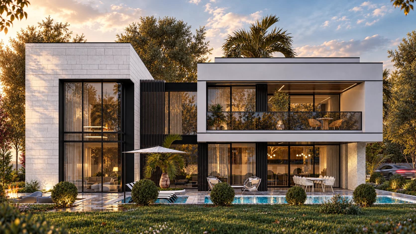 Taş kaplamalı modern villanın gün batımında aydınlatılmış cephesi ve havuzu